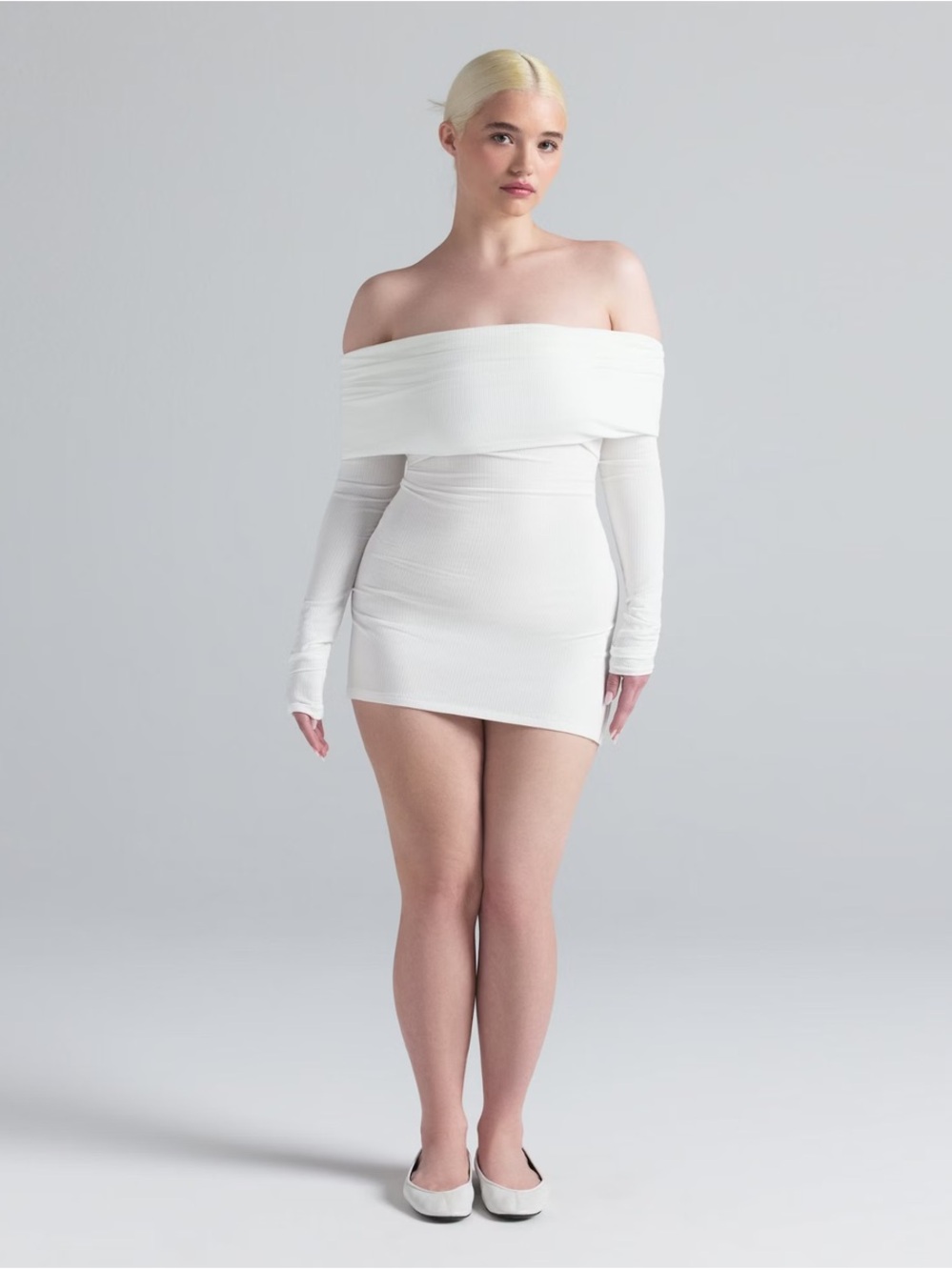 NWT SKIMS Off-Shoulder Ribbed Mini Dress in White - Picture 2 of 5